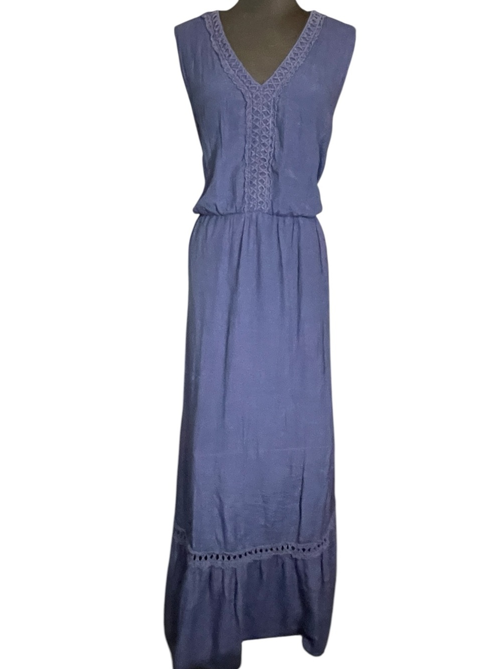 Luxology Sleeveless V-Neck Boho Maxi Dress Crocheted Details Navy Blue Size 16